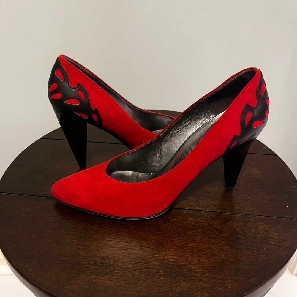 Charles Jourdan red and black suede pumps